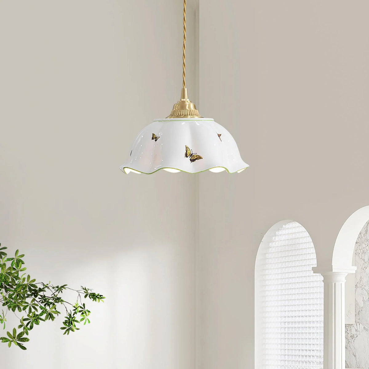 Pendant Lamp | Ceramic Butterfly Shade & Brass Canopy | Hardwired