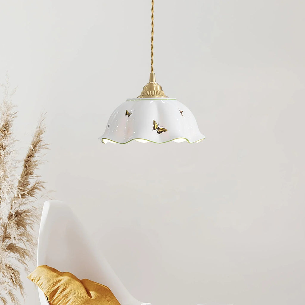 Pendant Lamp | Ceramic Butterfly Shade & Brass Canopy | Hardwired