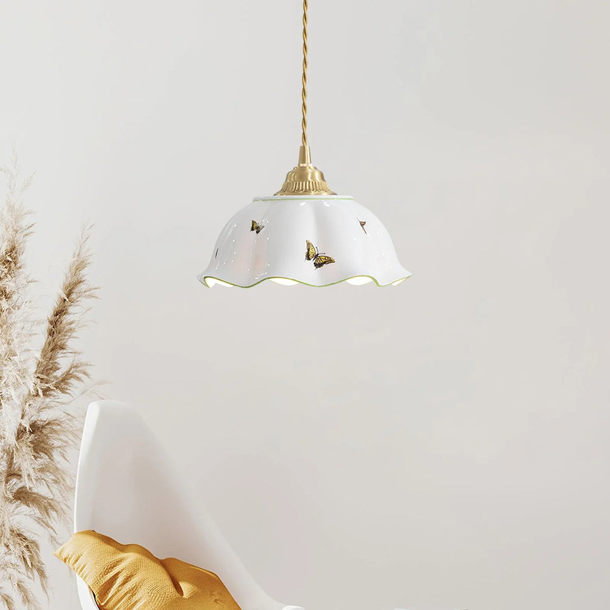 Pendant Lamp | Ceramic Butterfly Shade & Brass Canopy | Hardwired