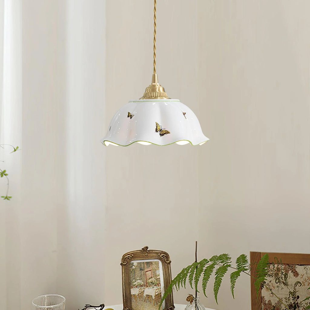 Pendant Lamp | Ceramic Butterfly Shade & Brass Canopy | Hardwired