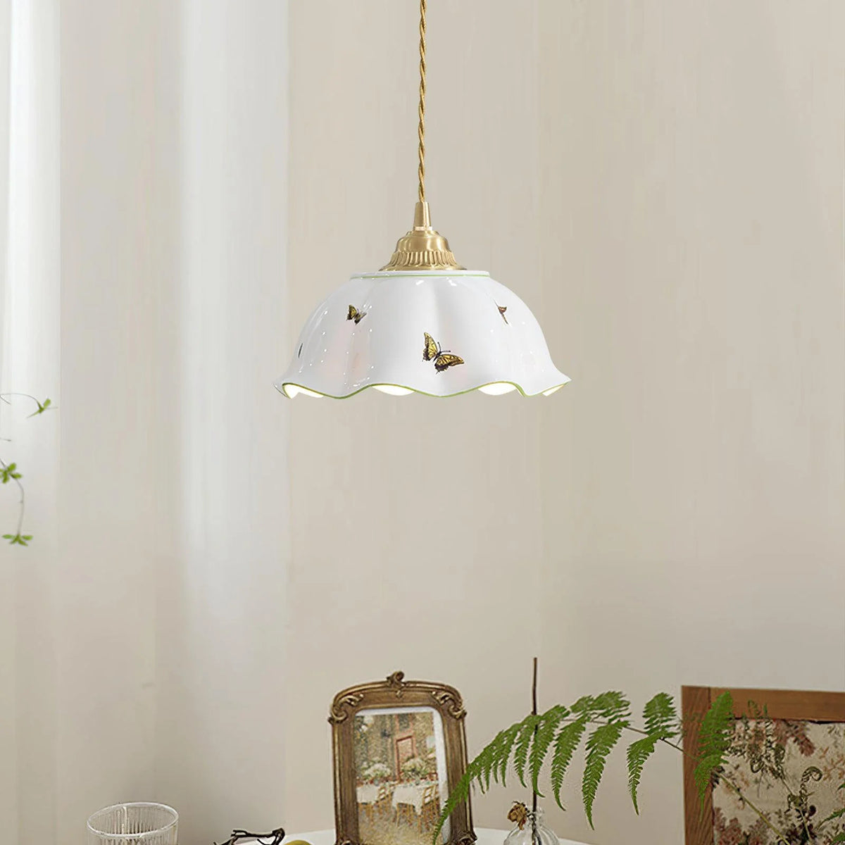 Pendant Lamp | Ceramic Butterfly Shade & Brass Canopy | Hardwired