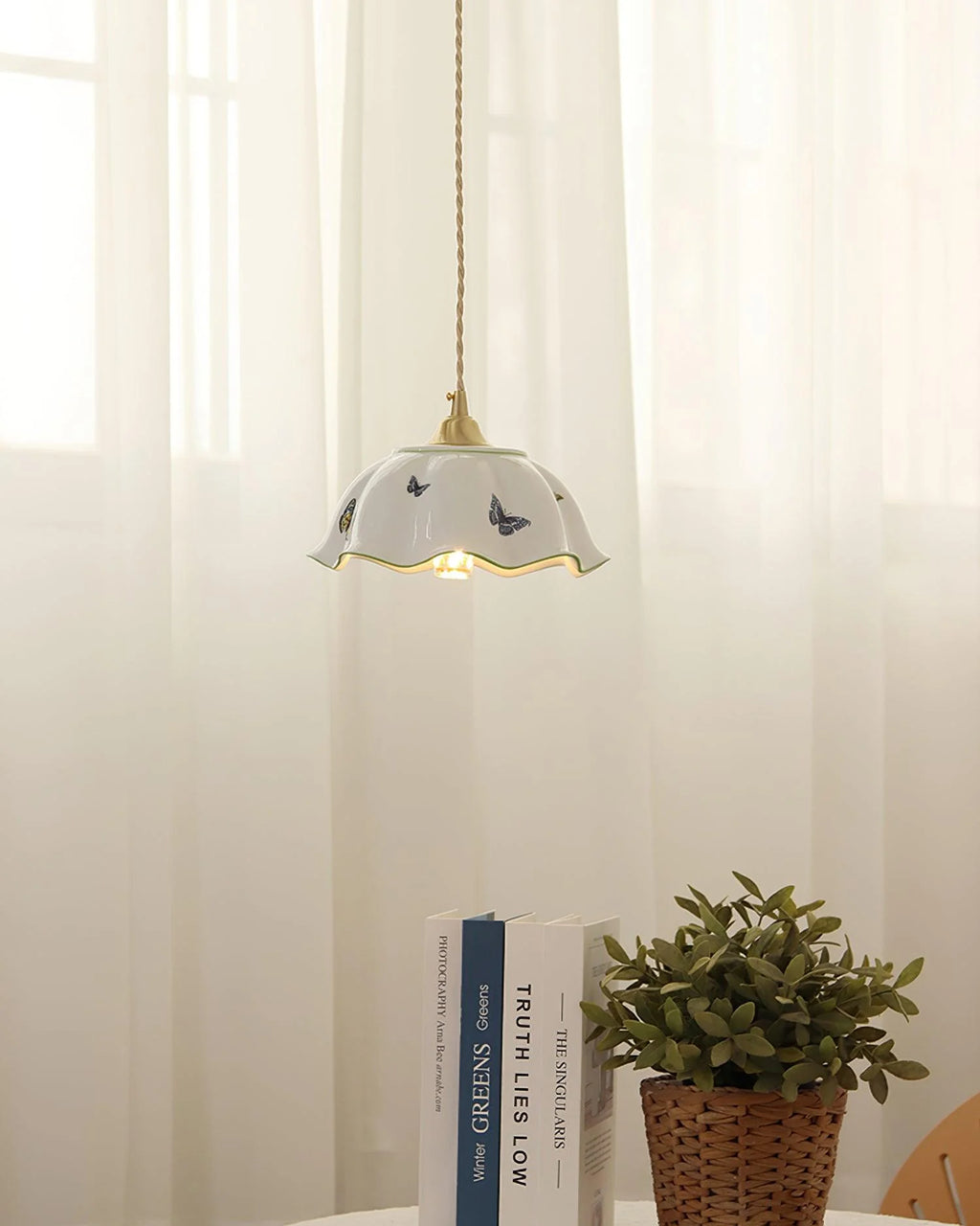 Pendant Lamp | Ceramic Butterfly Shade & Brass Canopy | Hardwired