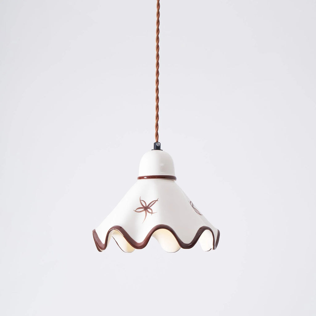 Pendant Lamp | Ceramic Wavy Shade & Brown Trim | Hardwired E26/E27