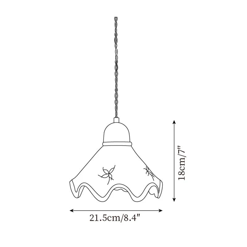 Pendant Lamp | Ceramic Wavy Shade & Brown Trim | Hardwired E26/E27