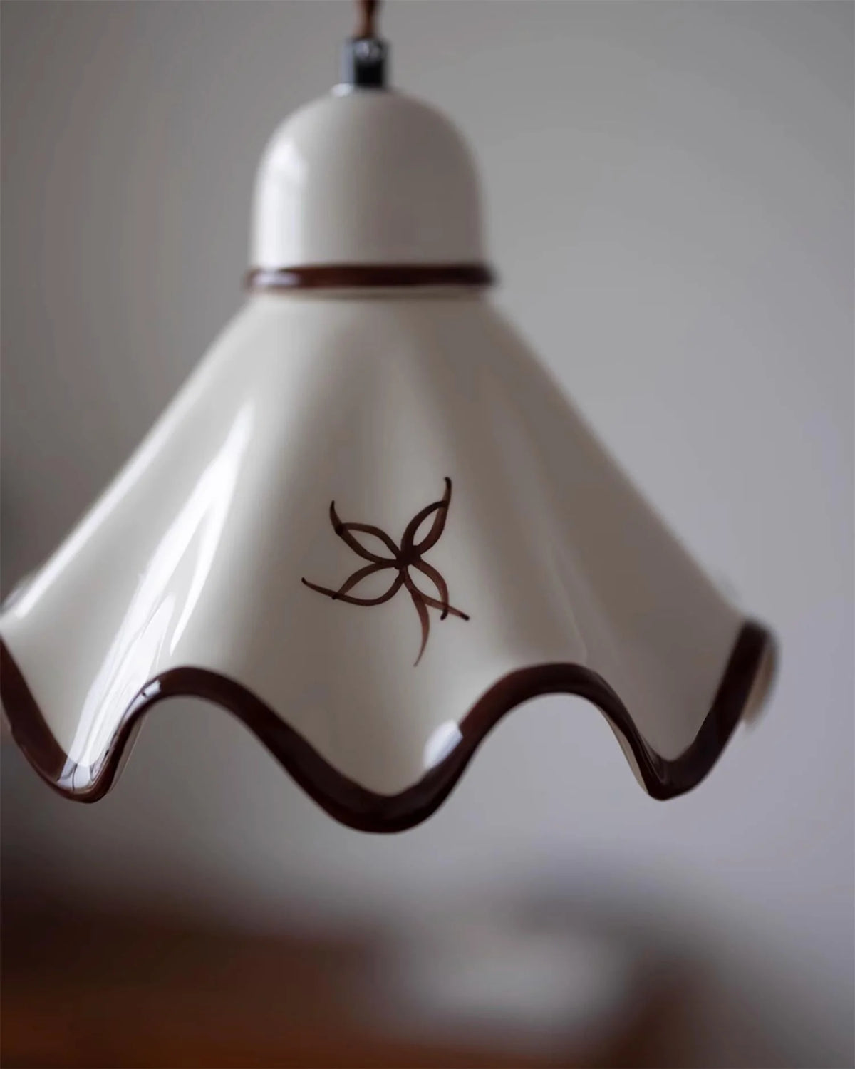 Pendant Lamp | Ceramic Wavy Shade & Brown Trim | Hardwired E26/E27