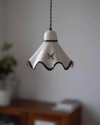 Pendant Lamp | Ceramic Wavy Shade & Brown Trim | Hardwired E26/E27