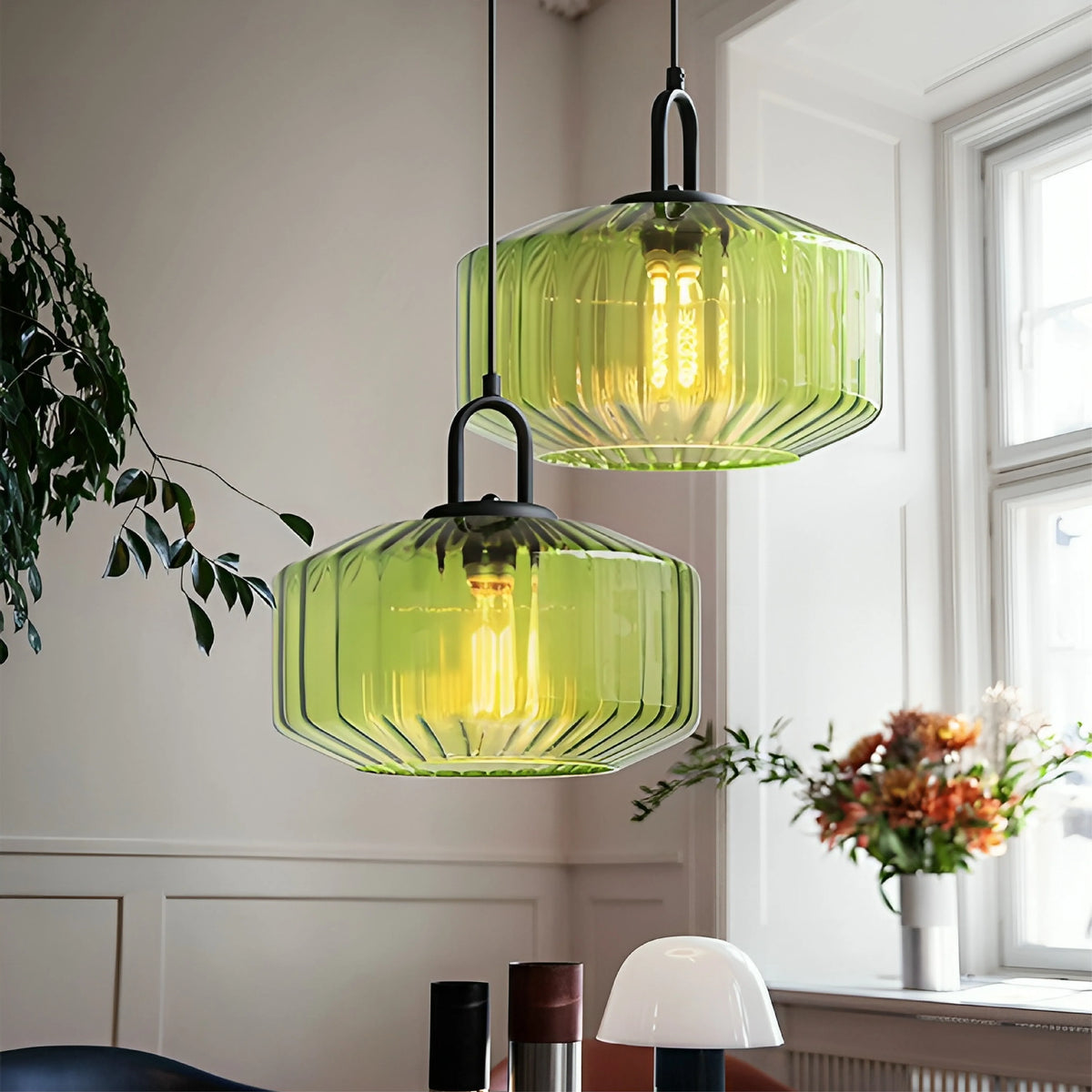 Pendant Lamp | Colored Glass & Metal Frame | Height Adjustable