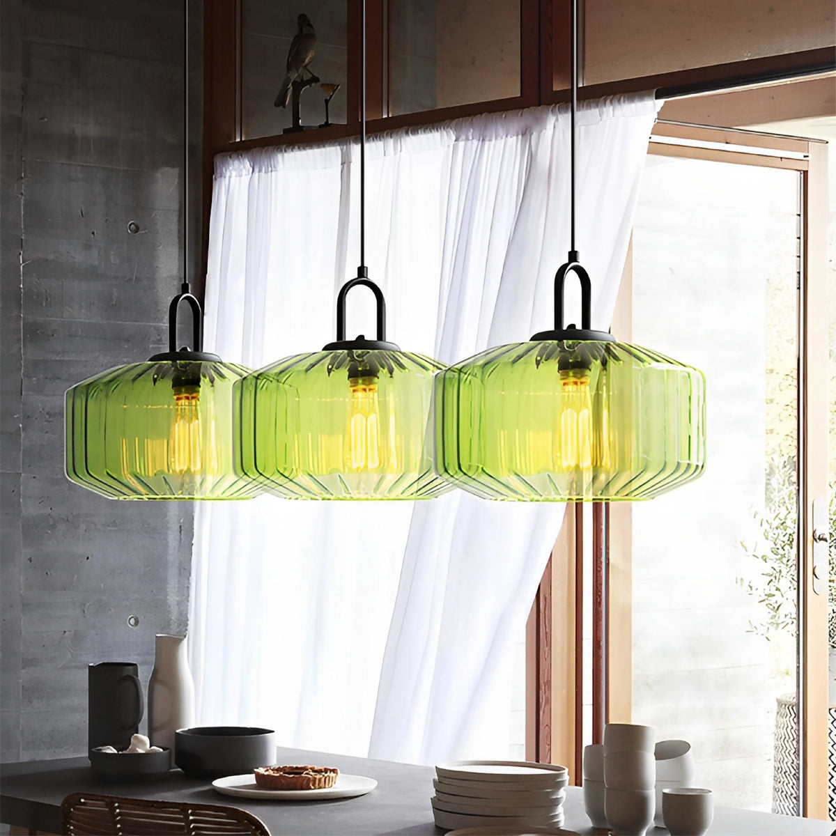 Pendant Lamp | Colored Glass & Metal Frame | Height Adjustable