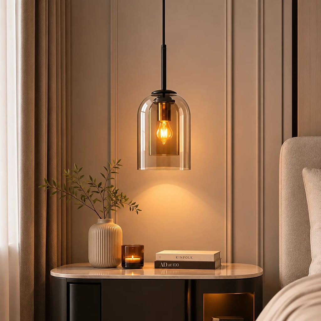 Pendant Lamp | Double Amber & Smoke Glass Shade & Iron Frame
