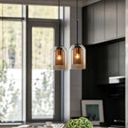 Pendant Lamp | Double Amber & Smoke Glass Shade & Iron Frame