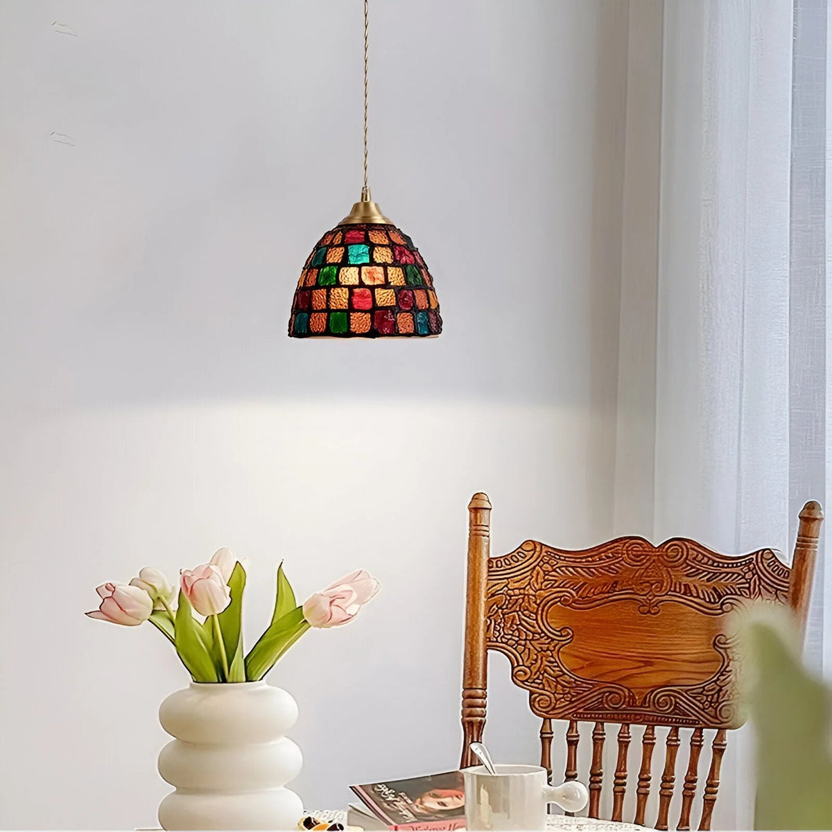 Pendant Lamp | Handmade Shell Shade & Brass Body | Adjustable Height