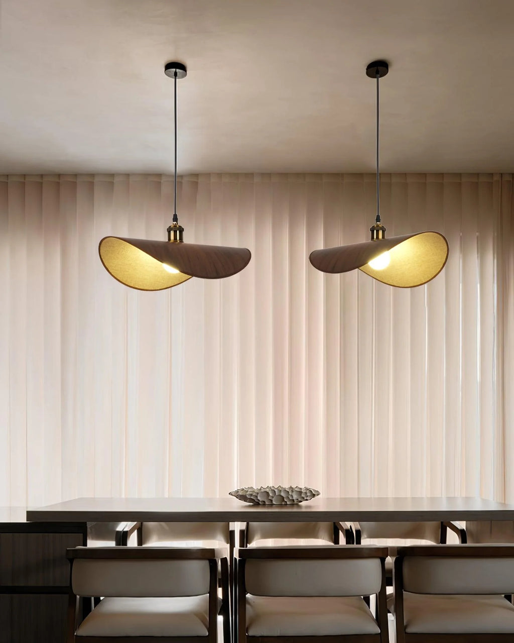 Pendant Lamp | Linen Fabric Shade & Walnut Accent | Adjustable Cord