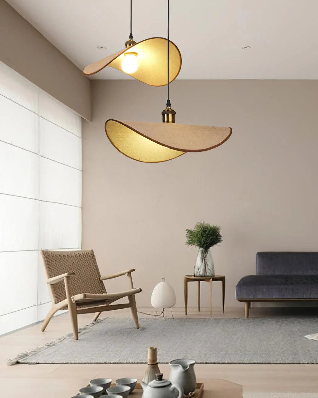 Pendant Lamp | Linen Fabric Shade & Walnut Accent | Dia 35–50 cm