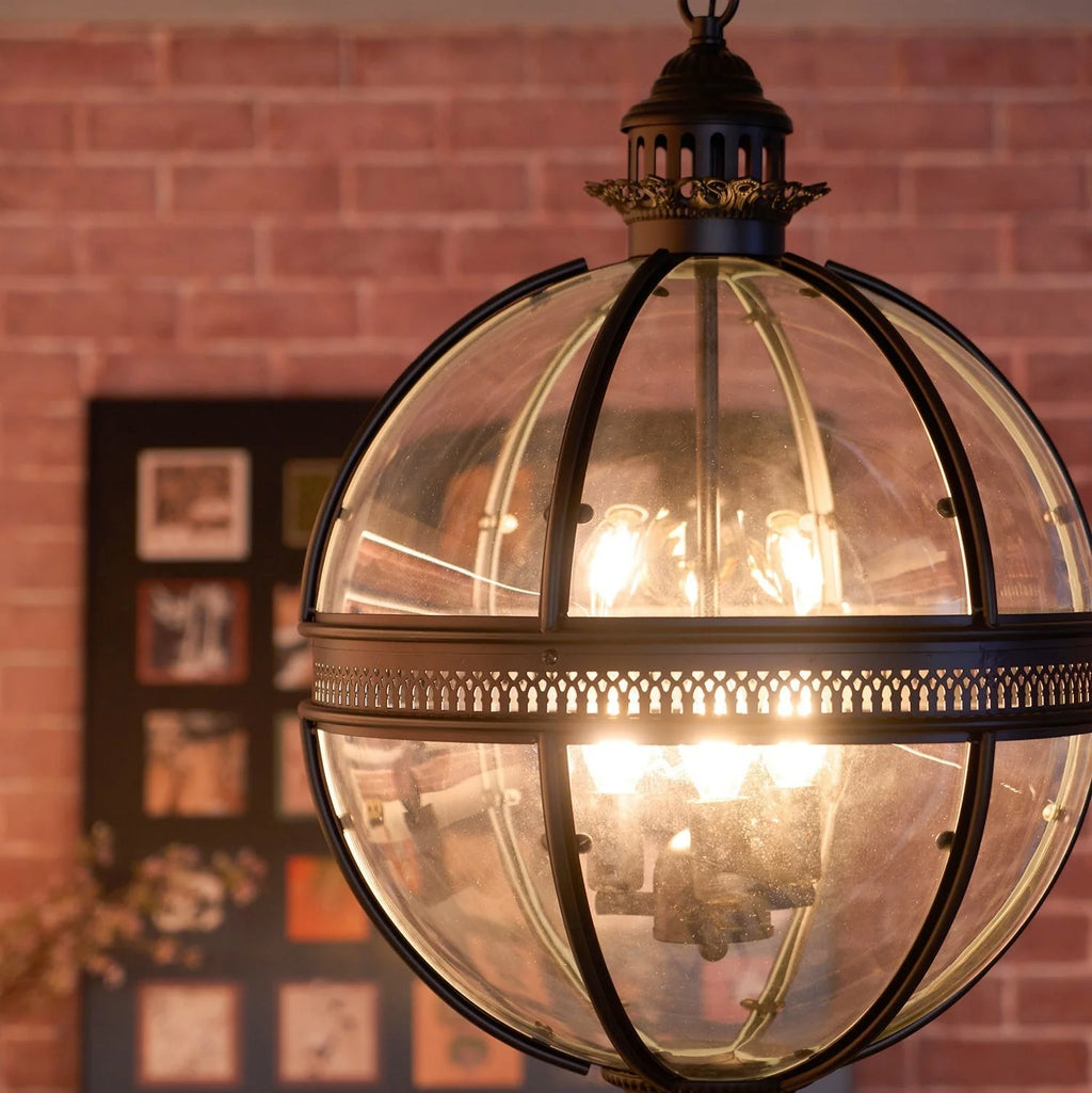 Pendant Lamp | Spherical Glass Globe & Rust Metal Frame
