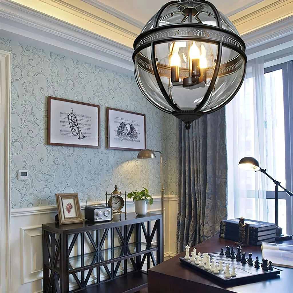 Pendant Lamp | Spherical Glass Globe & Rust Metal Frame