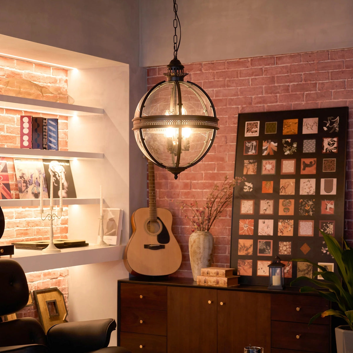 Pendant Lamp | Spherical Glass Globe & Rust Metal Frame