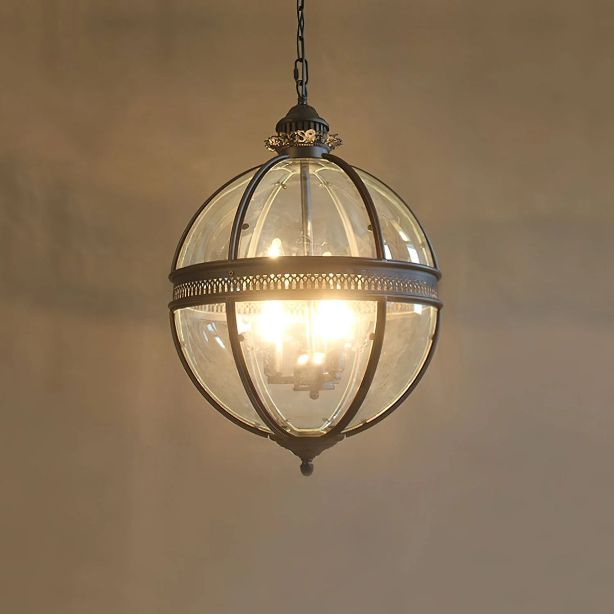 Pendant Lamp | Spherical Glass Globe & Rust Metal Frame