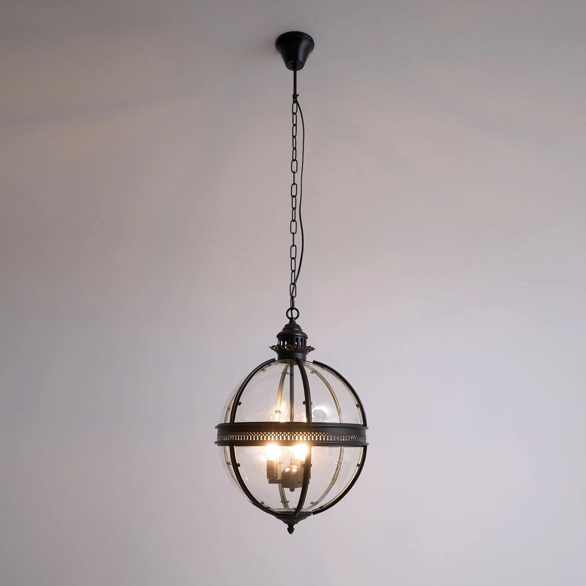 Pendant Lamp | Spherical Glass Globe & Rust Metal Frame