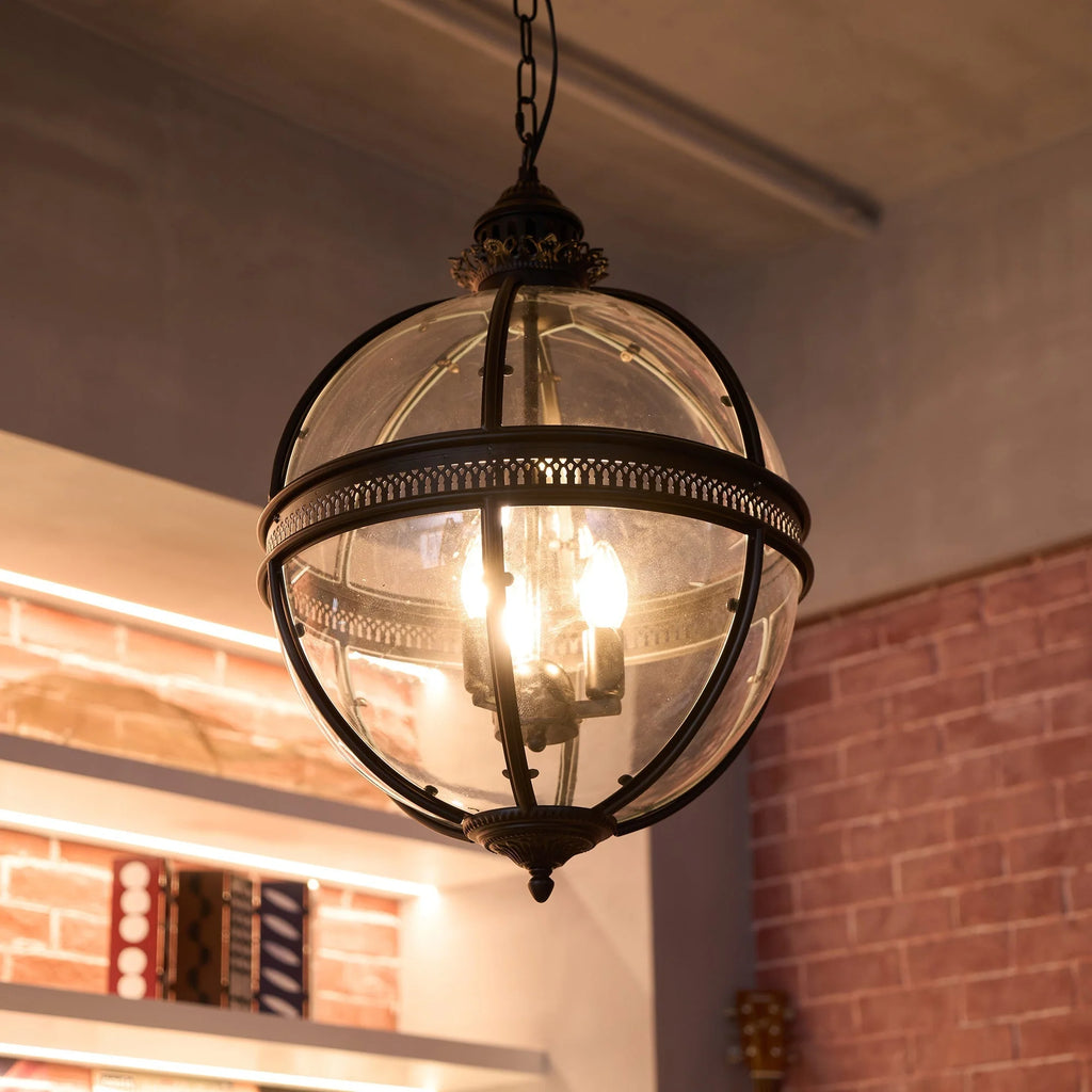Pendant Lamp | Spherical Glass Globe & Rust Metal Frame