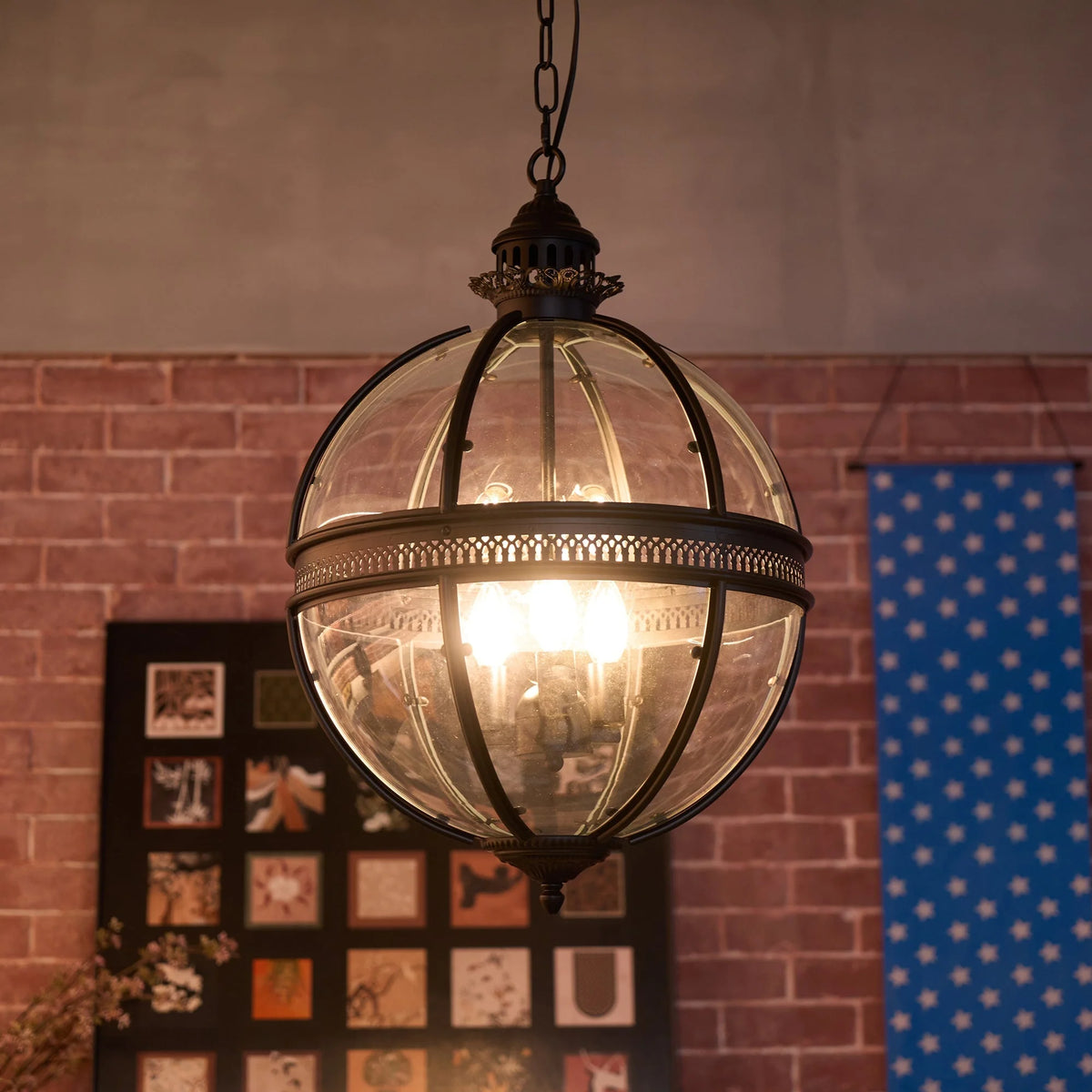 Pendant Lamp | Spherical Glass Globe & Rust Metal Frame
