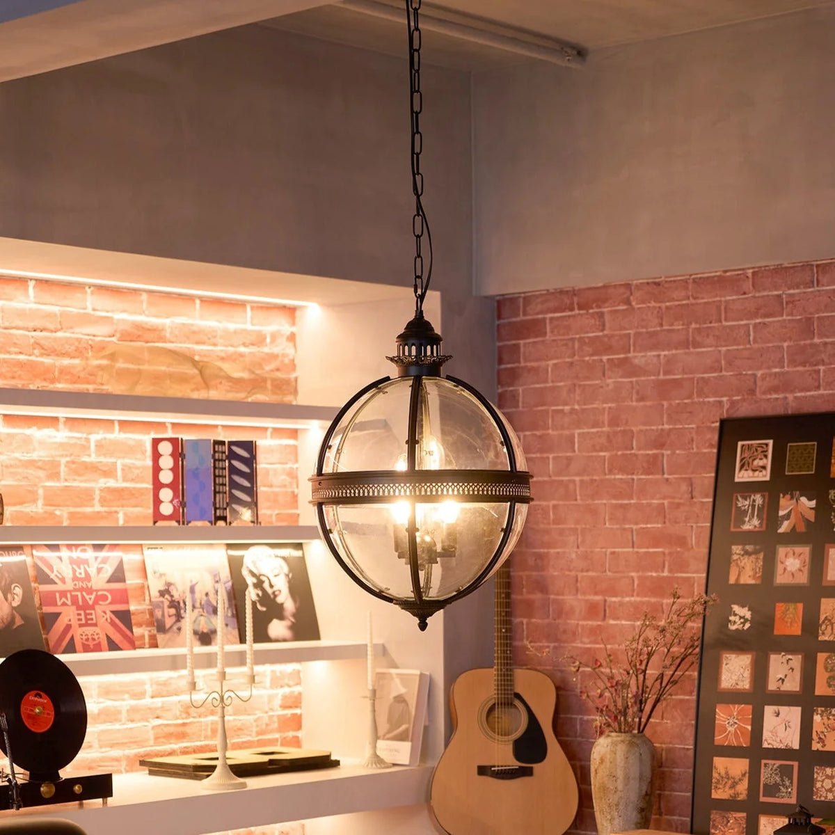 Pendant Lamp | Spherical Glass Globe & Rust Metal Frame
