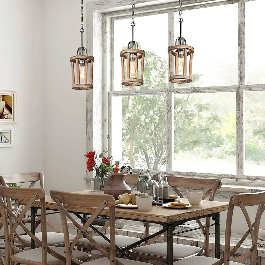 Pendant Lamp | Vintage Industrial Solid Wood & Metal | 20 cm Diameter