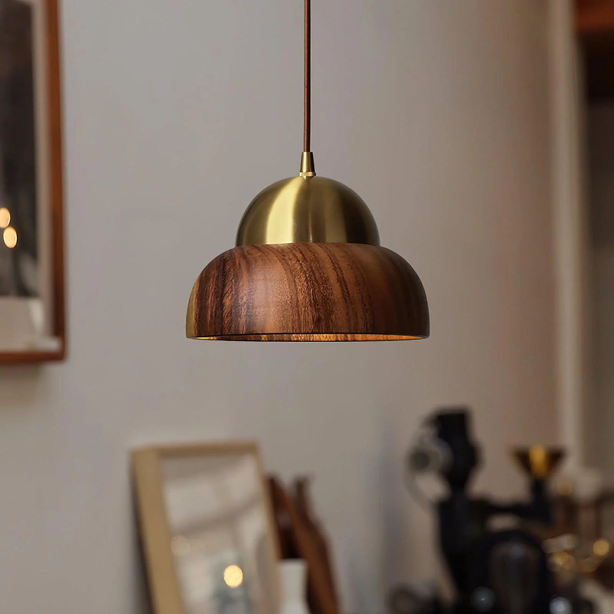 Pendant Lamp | Walnut Wood & Brass Accents | E26/E27 Socket