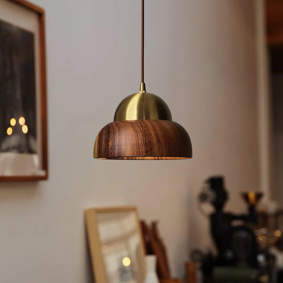 Pendant Lamp | Walnut Wood & Brass Accents | E26/E27 Socket