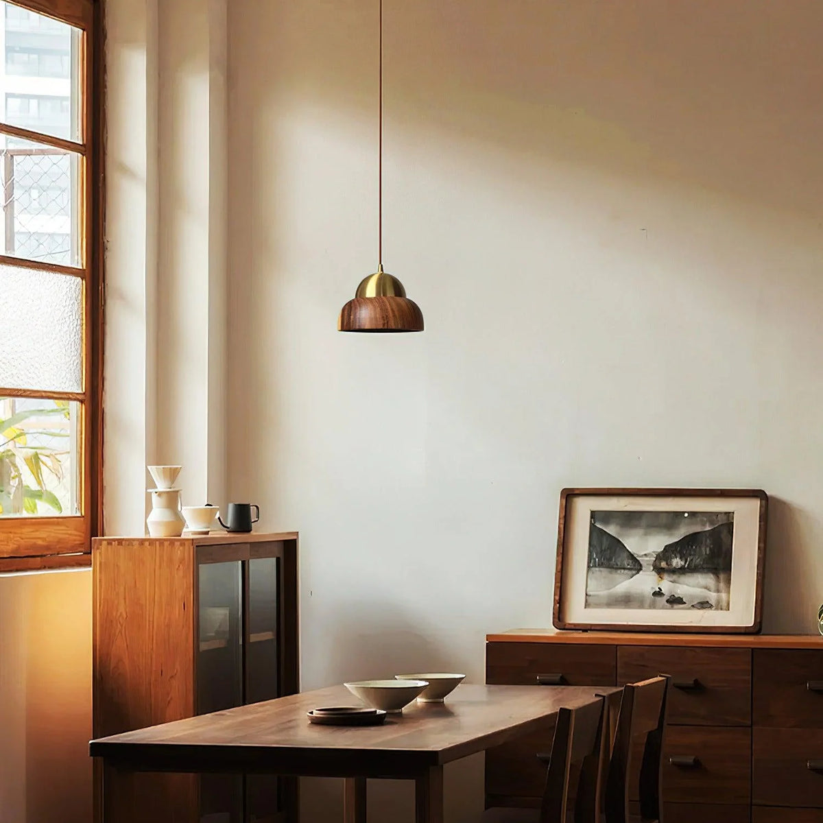 Pendant Lamp | Walnut Wood & Brass Accents | E26/E27 Socket