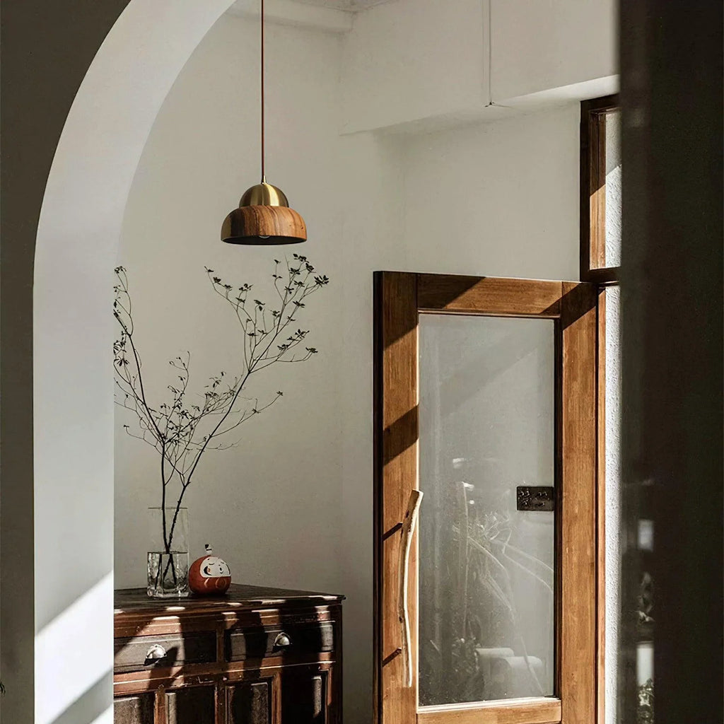 Pendant Lamp | Walnut Wood & Brass Accents | E26/E27 Socket