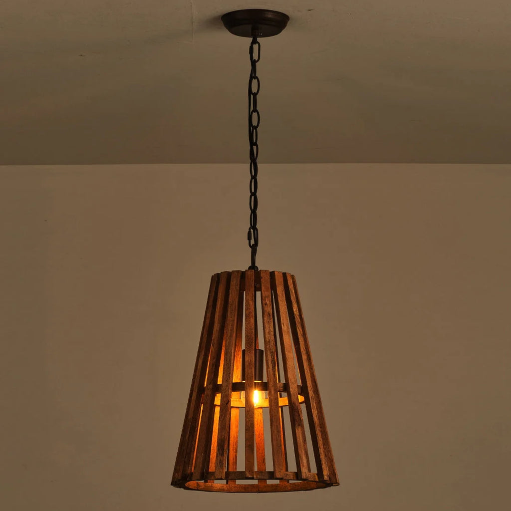 Pendant Lamp | Wooden Shade & Iron Body | 32 cm Diameter