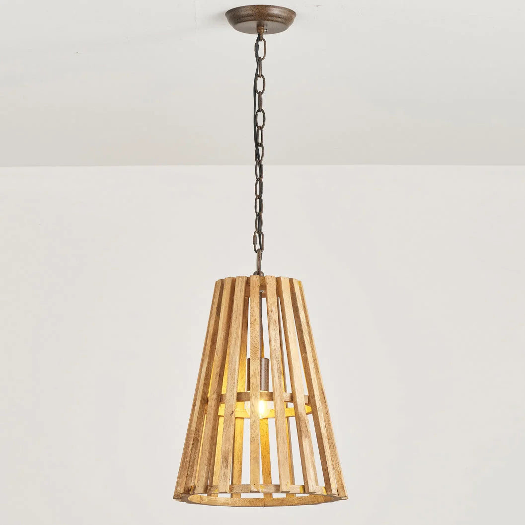 Pendant Lamp | Wooden Shade & Iron Body | 32 cm Diameter