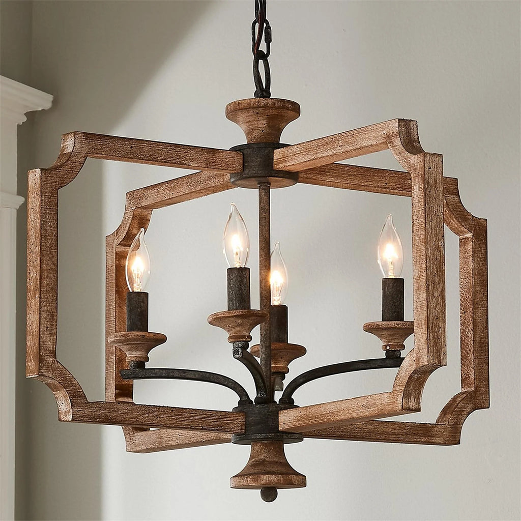 Pendant Lantern | Vintage Rustic Metal Body & Wood Shade | 4-Head