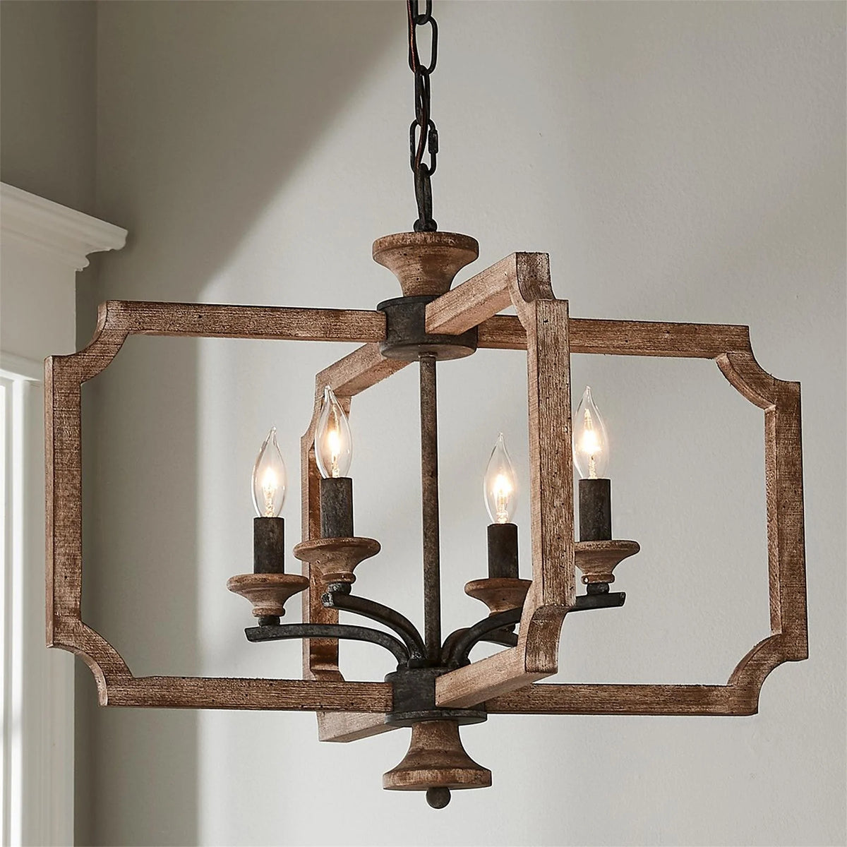 Pendant Lantern | Vintage Rustic Metal Body & Wood Shade | 4-Head