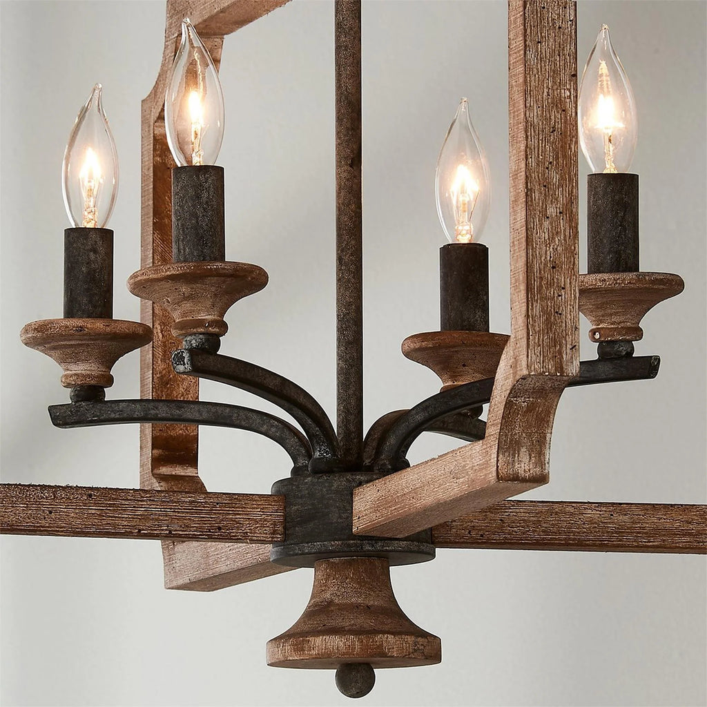 Pendant Lantern | Vintage Rustic Metal Body & Wood Shade | 4-Head