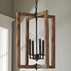 Pendant Lantern | Vintage Rustic Metal Body & Wood Shade | 4-Head