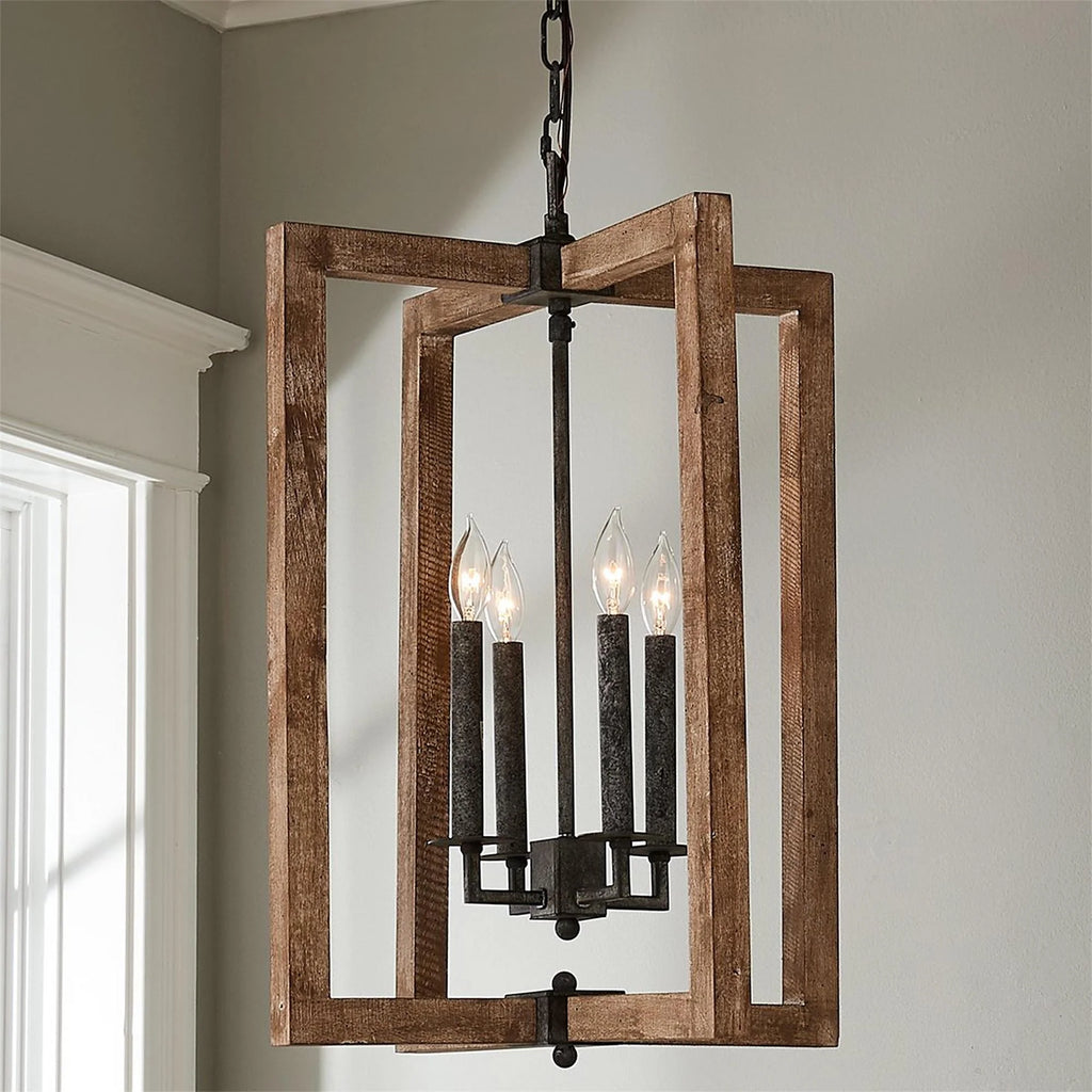 Pendant Lantern | Vintage Rustic Metal Body & Wood Shade | 4-Head