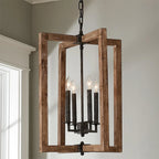 Pendant Lantern | Vintage Rustic Metal Body & Wood Shade | 4-Head