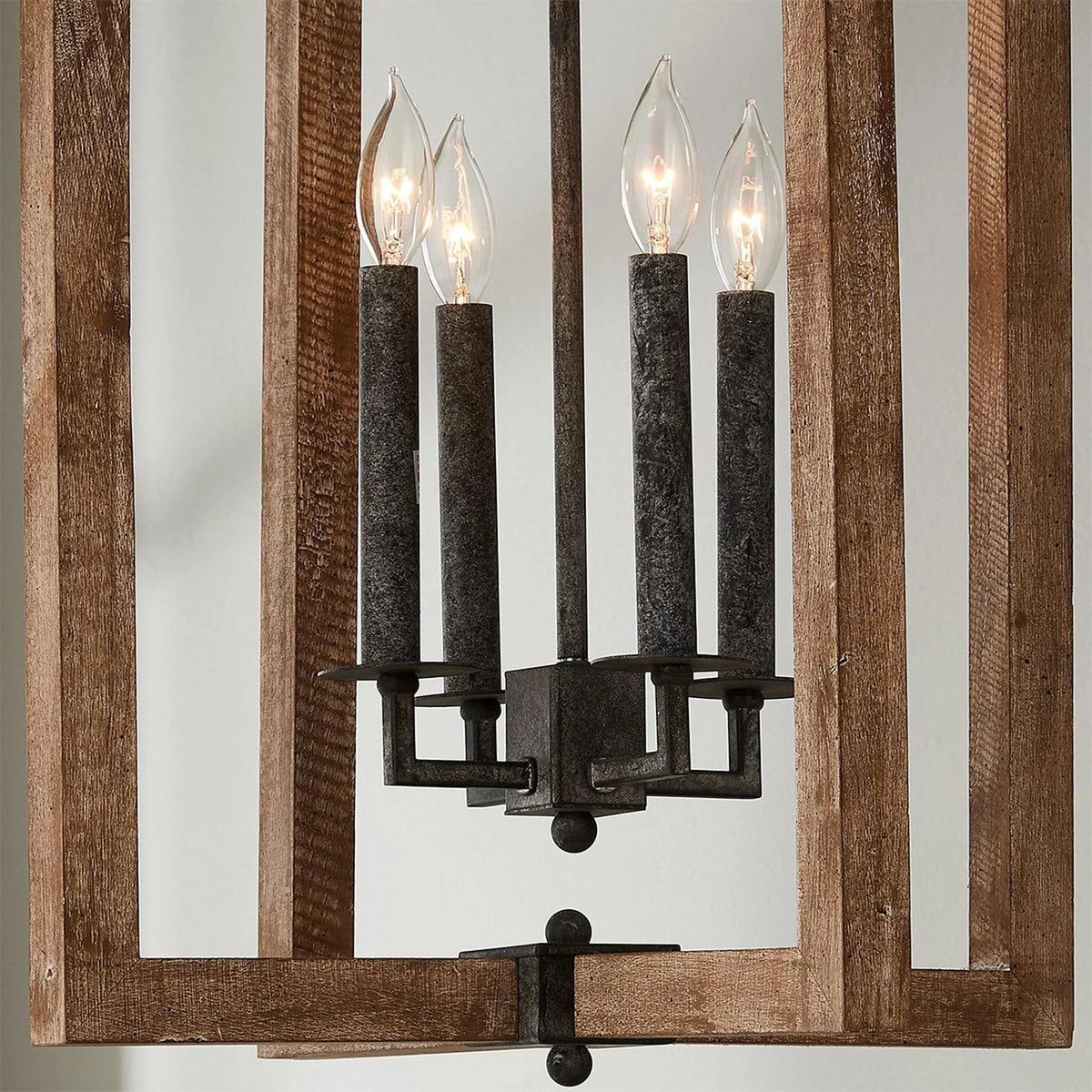 Pendant Lantern | Vintage Rustic Metal Body & Wood Shade | 4-Head