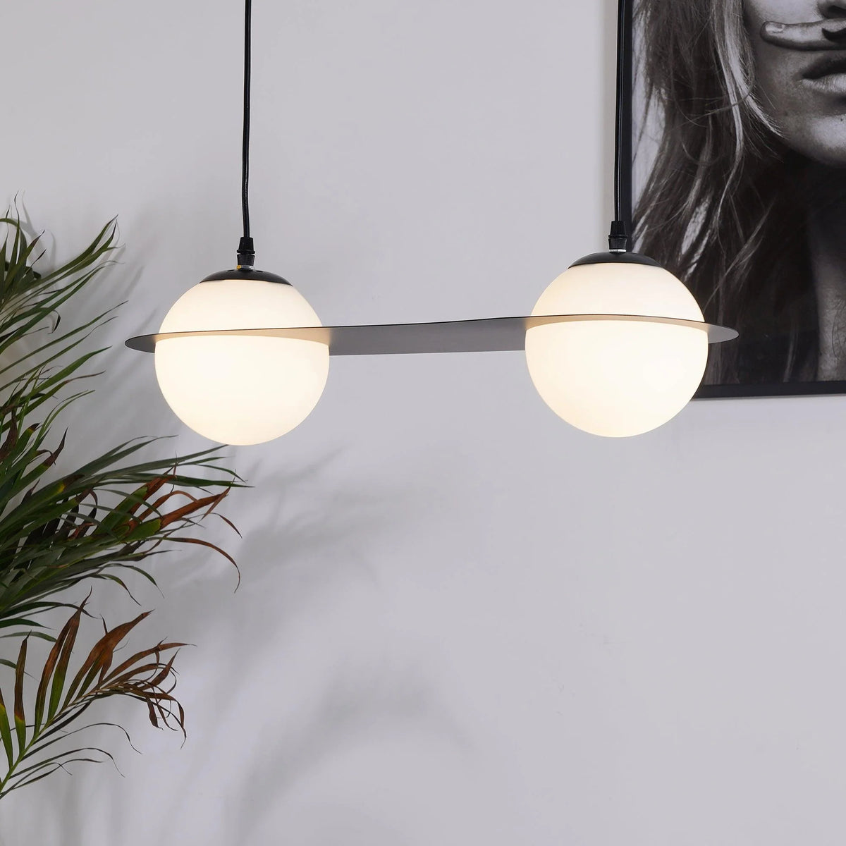 Pendant Light | Black & White Glass Shade & Adjustable Height | Hardwired
