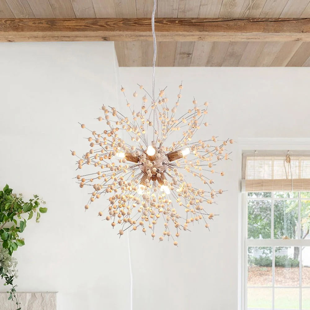 Pendant Light | Dandelion Starburst & Wood Beads | 8/9 Lights