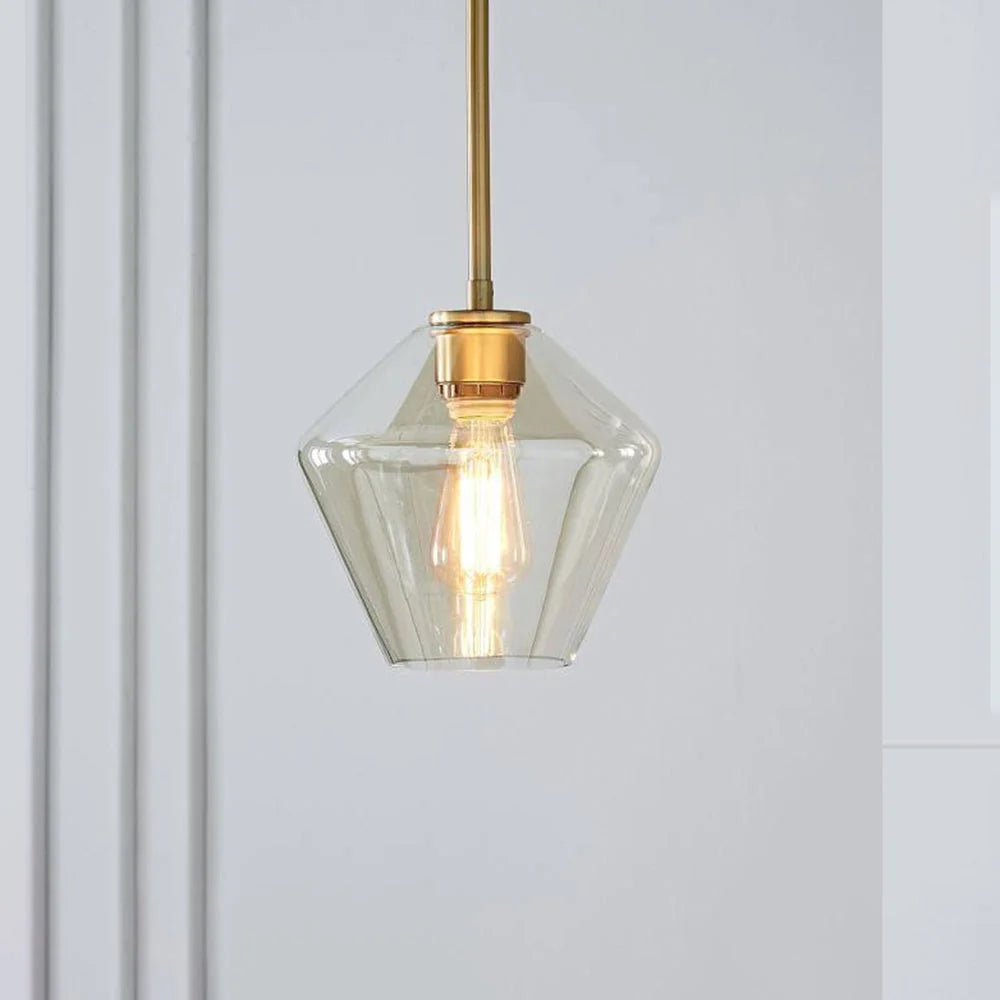 Pendant Light | Diamond-Shaped Glass Shade & Metal Fixture | Hardwired