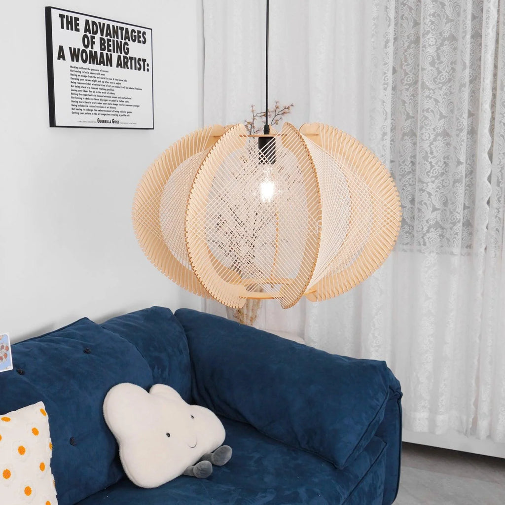Pendant Light | Fabric Shade & Wood-Metal Frame | Multiple Sizes