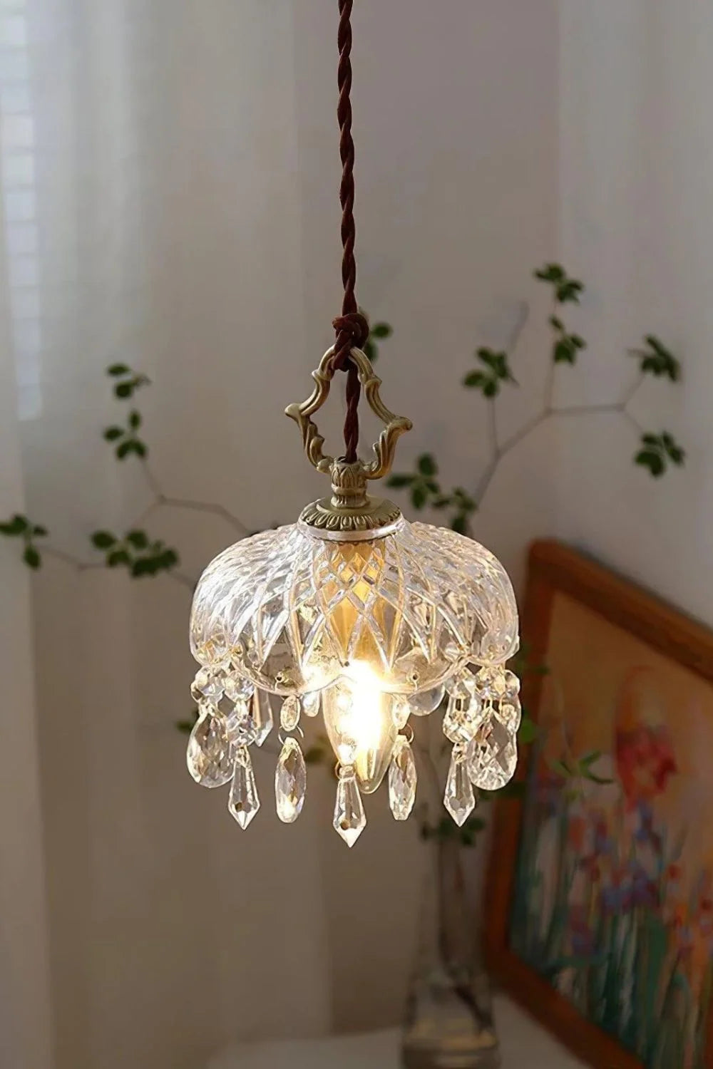 Pendant Light | Faceted Glass & Copper Accents | Crystal Embellishments
