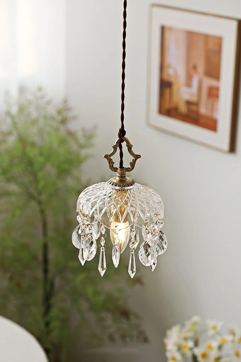 Pendant Light | Faceted Glass & Copper Accents | Crystal Embellishments