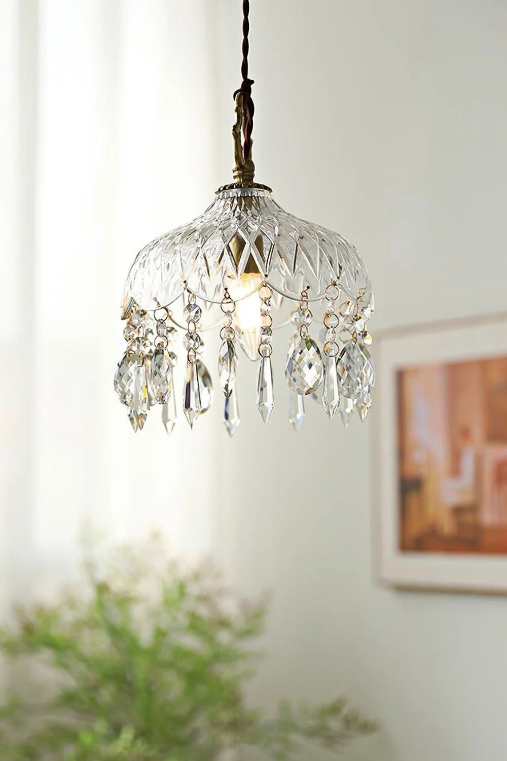 Pendant Light | Faceted Glass & Copper Accents | Crystal Embellishments