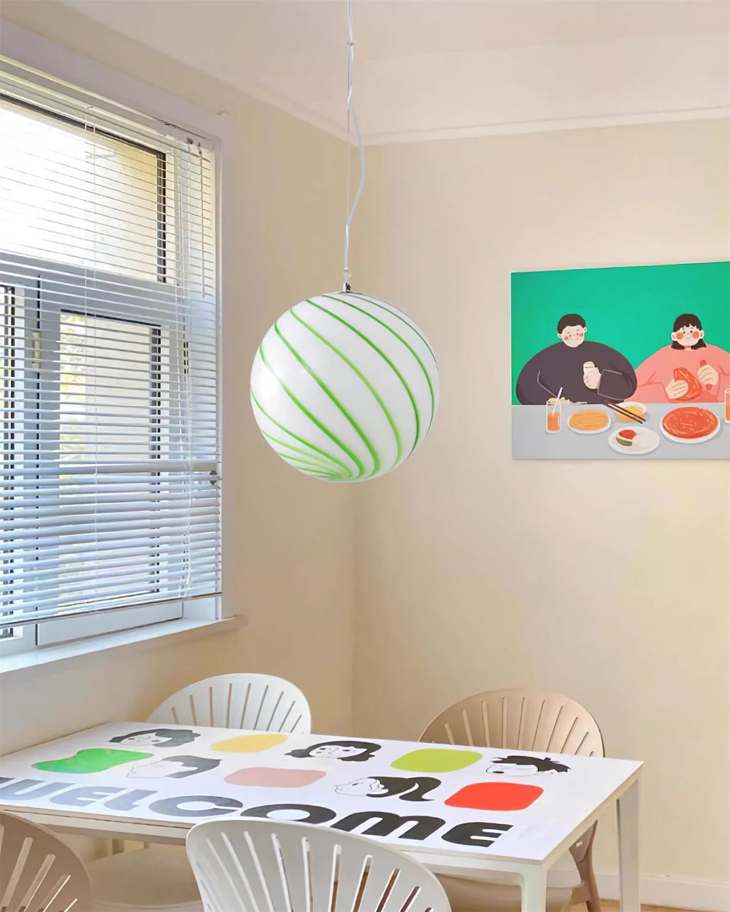 Pendant Light | Green Glass Swirl Globe & E26/E27 Socket | Hardwired