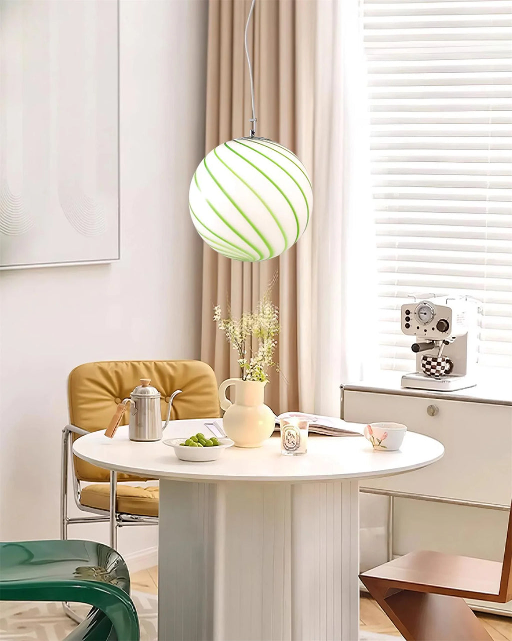 Pendant Light | Green Glass Swirl Globe & E26/E27 Socket | Hardwired