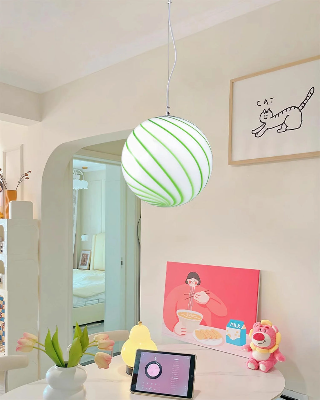 Pendant Light | Green Glass Swirl Globe & E26/E27 Socket | Hardwired