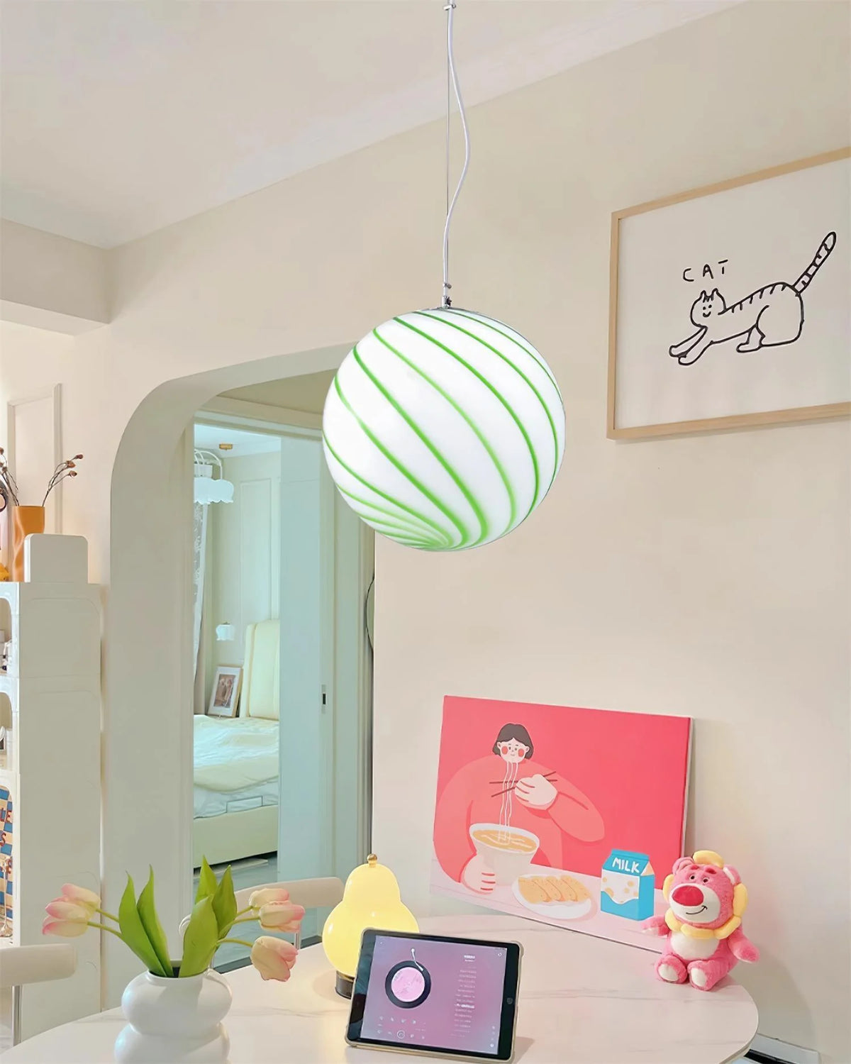 Pendant Light | Green Glass Swirl Globe & E26/E27 Socket | Hardwired